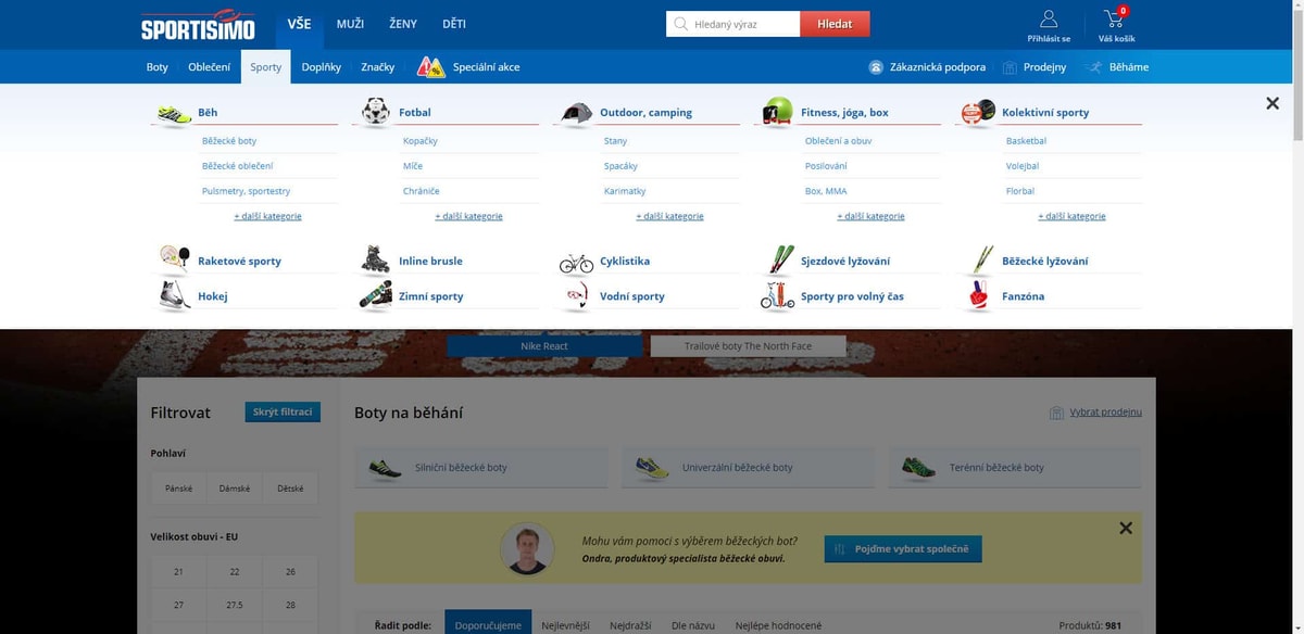 Sportisimo - Menu