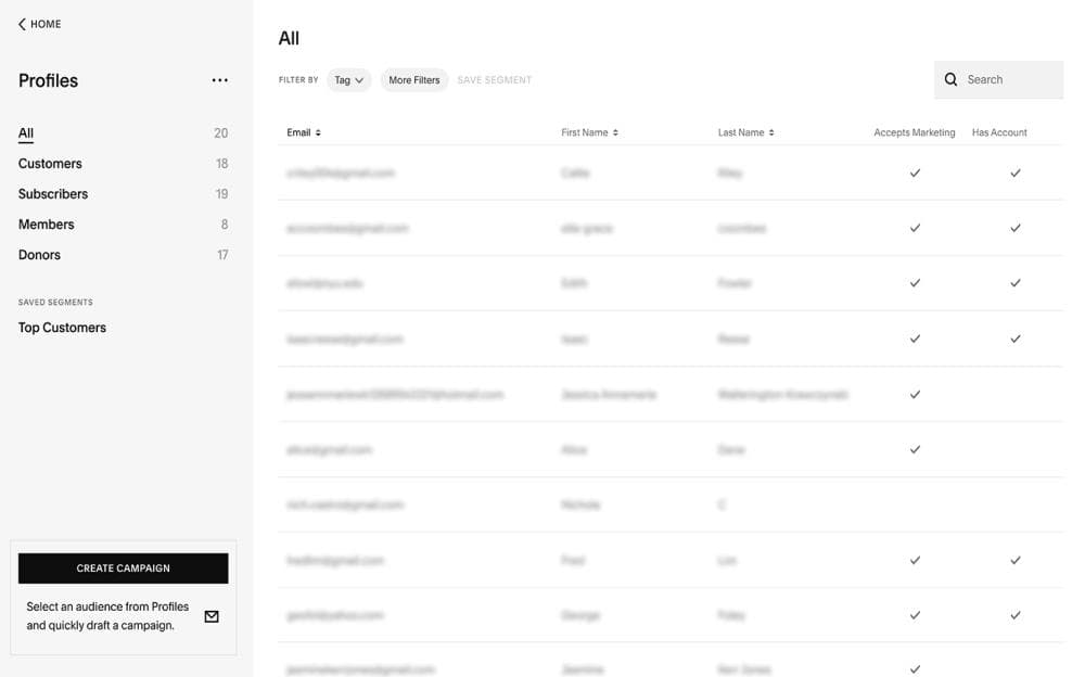 squarespace databáze kontaktů