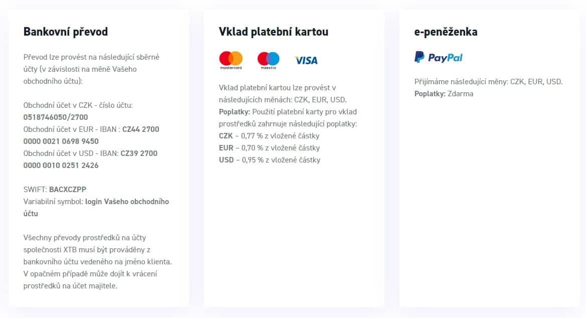 XTB - Poplatky za vklad a výběr